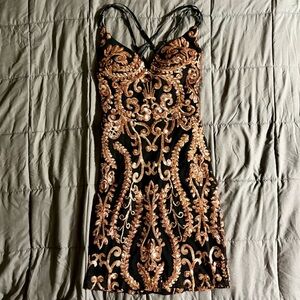 Windsor Mesh Black/Rose Gold Sequin Plunge Mini Dress Size 3/4 Crossback Bodycon